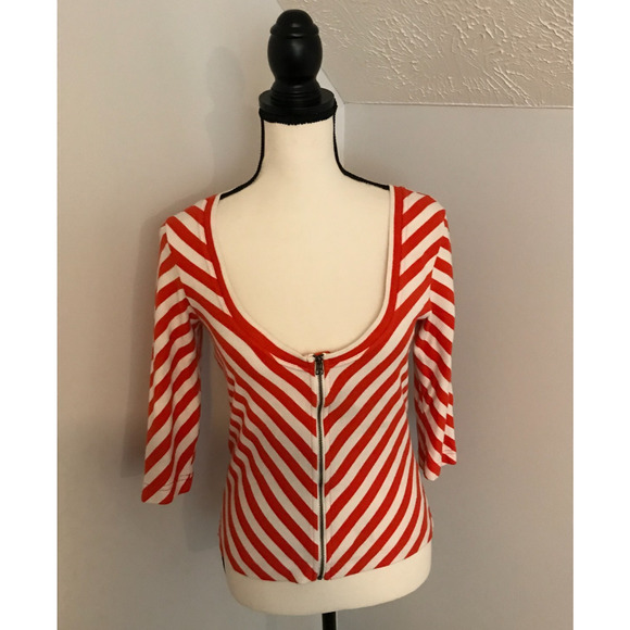Anthropologie Maeve Women's Orange Striped Front Zip Top - Size Small - Picture 1 of 9